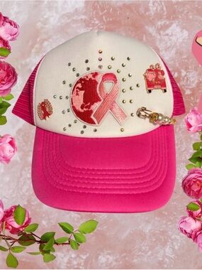 Pink Breast Cancer Awareness Trucker Hat with Ribbon Embellishment